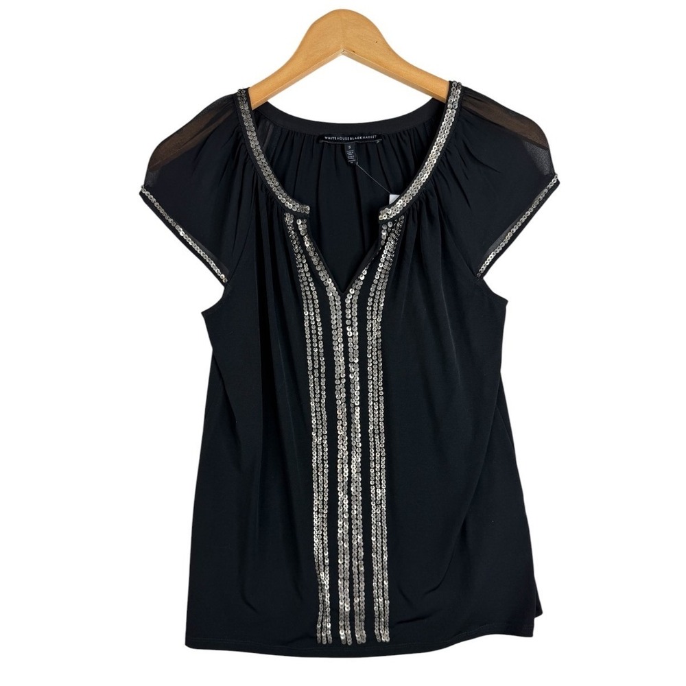 NWT White House Black Market Womens SS Sequin Front Saffi Blouse Sz Small Black